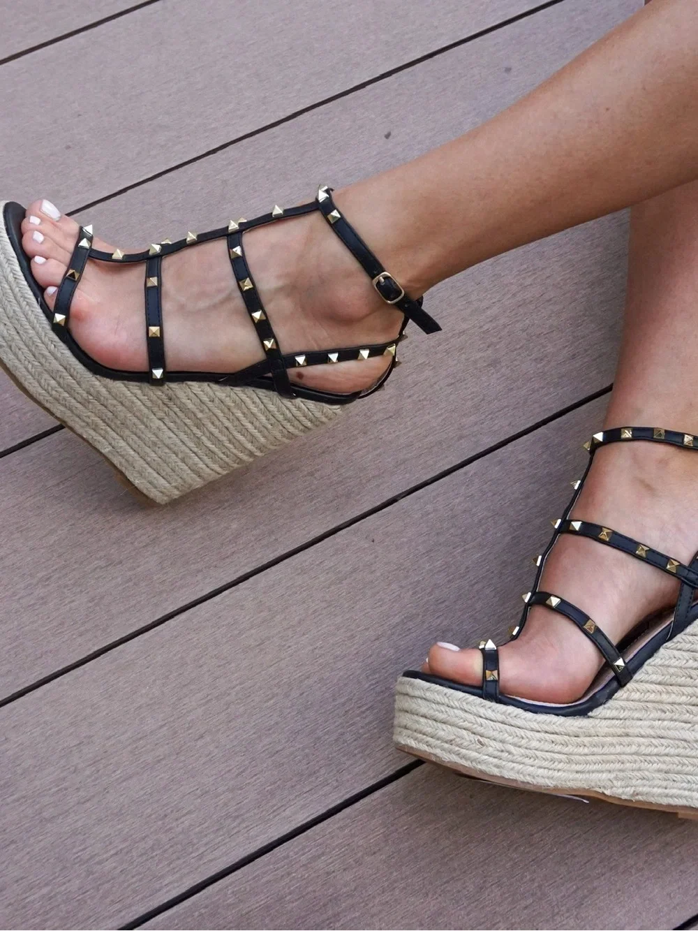 Studded Black T-Strap Espadrille Wedge Sandals